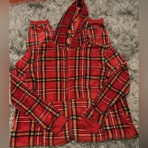 FOREVER 21 Hooded Fleece Plaid Red/Wht/Blk Zip Pajama ONESIE Plus Sz3X w/pockets